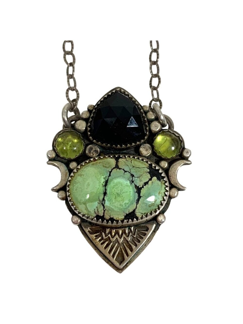 H/M Artisan Peridot Black Onyx & Turquoise .925 Silver Southwestern Necklace